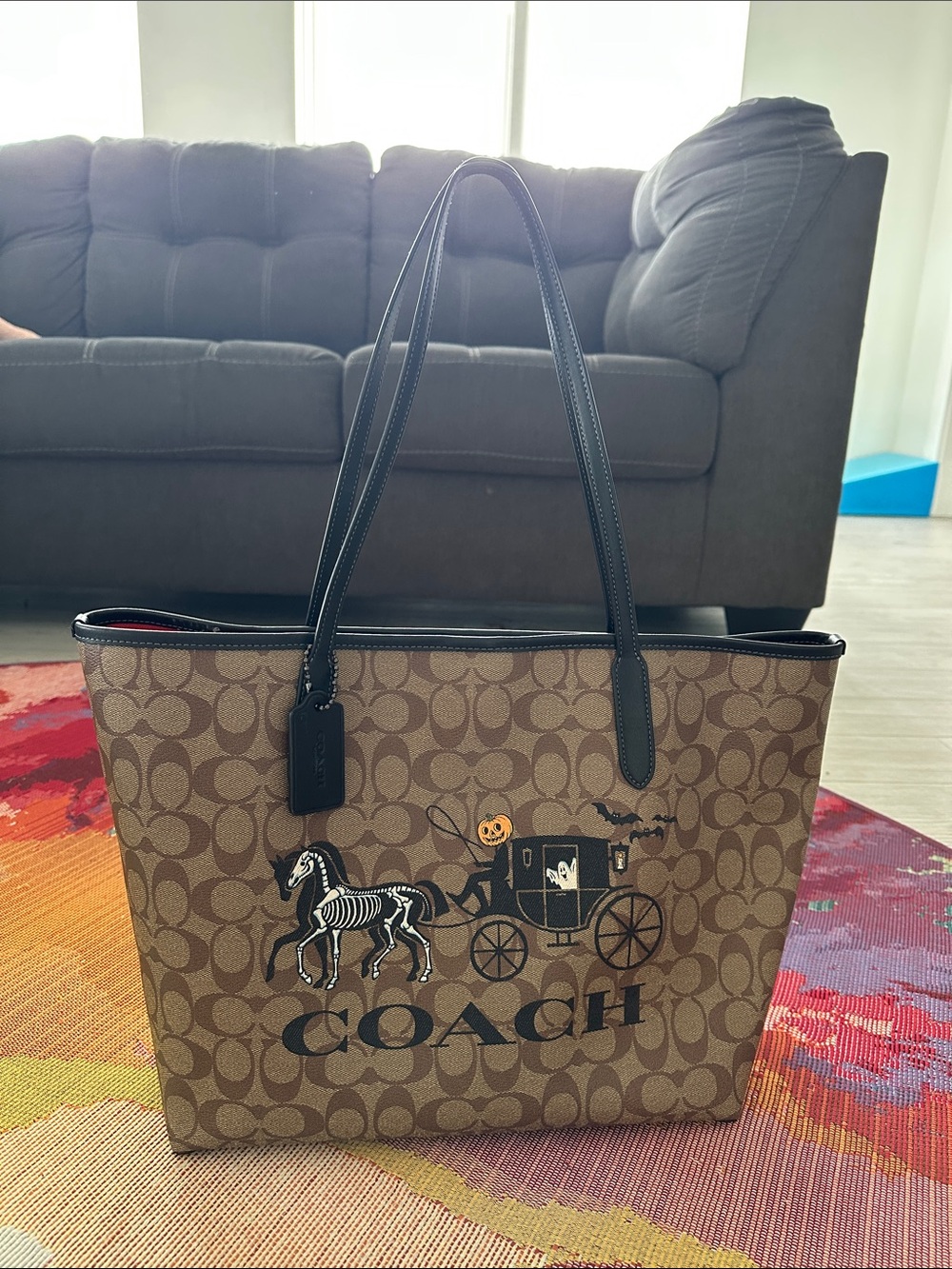 Coach Brown Signature Tote with Halloween Carriage Print